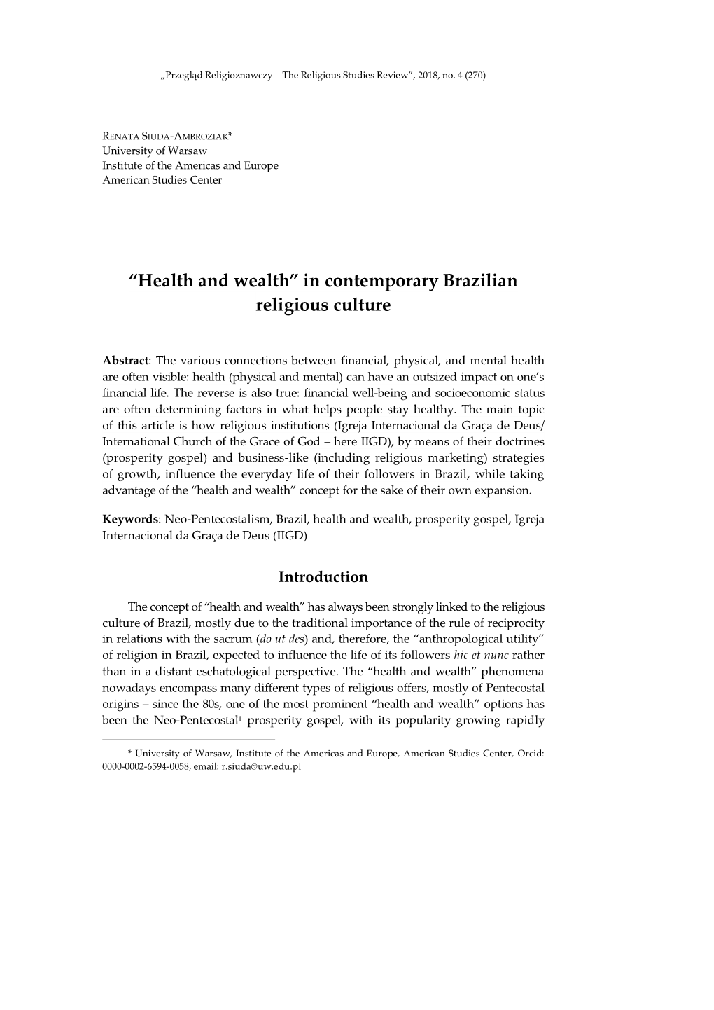 “Health and Wealth” in Contemporary Brazilian Religious Culture