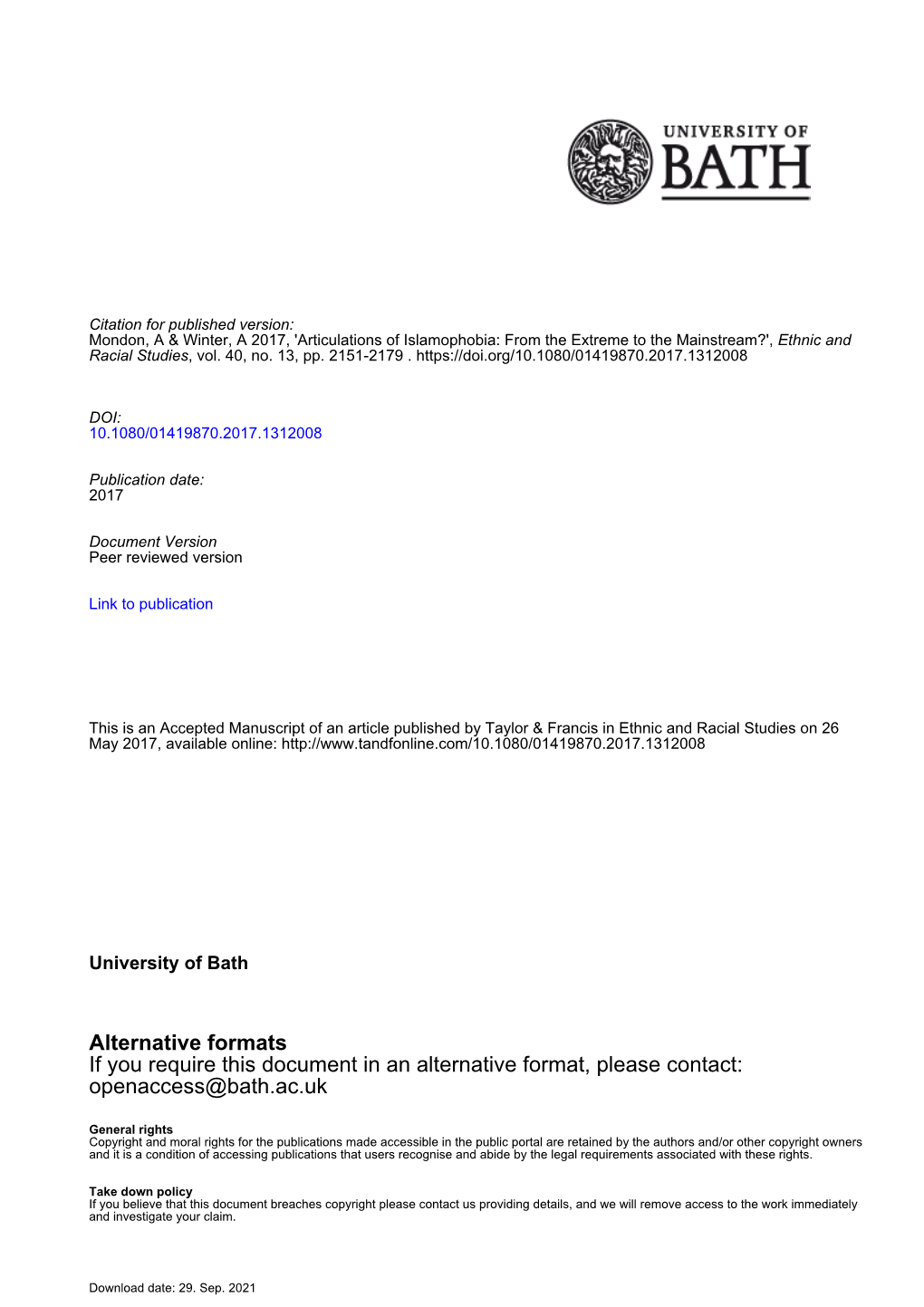 Alternative Formats If You Require This Document in an Alternative Format, Please Contact: Openaccess@Bath.Ac.Uk