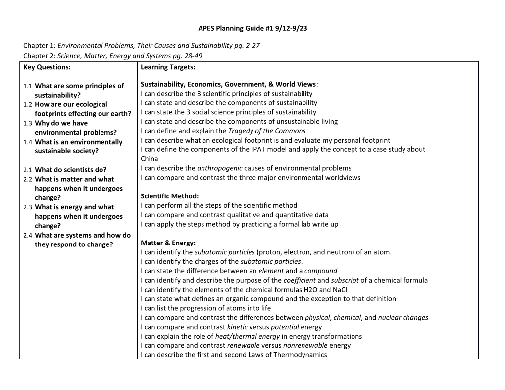 APES Planning Guide #1 9/12-9/23