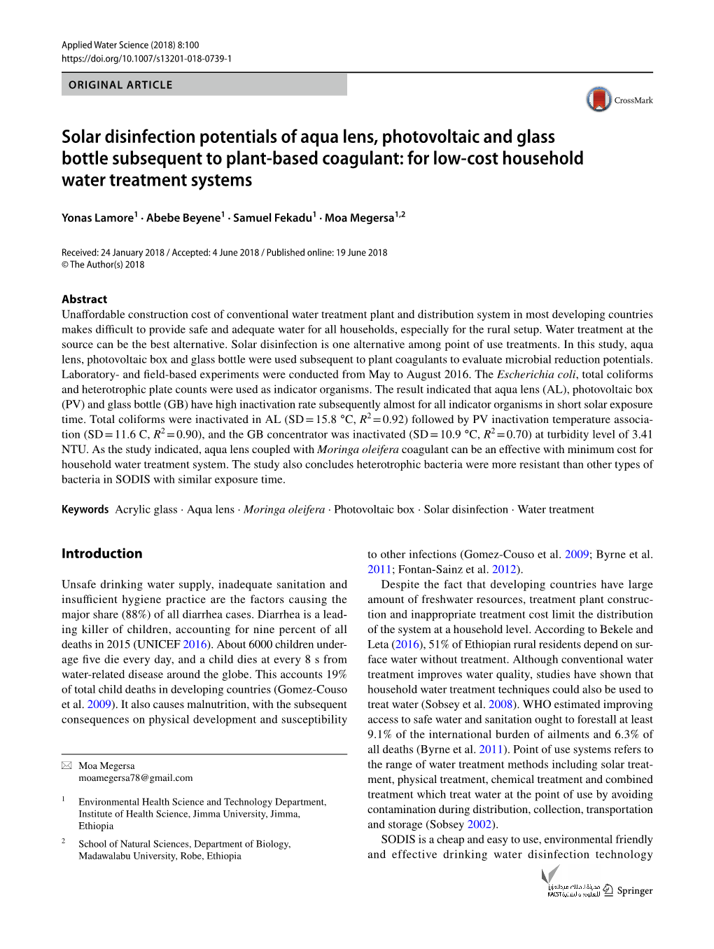 Solar Disinfection Potentials of Aqua Lens, Photovoltaic and Glass Bottle Subsequent to Plant‑Based Coagulant: for Low‑Cost Household Water Treatment Systems