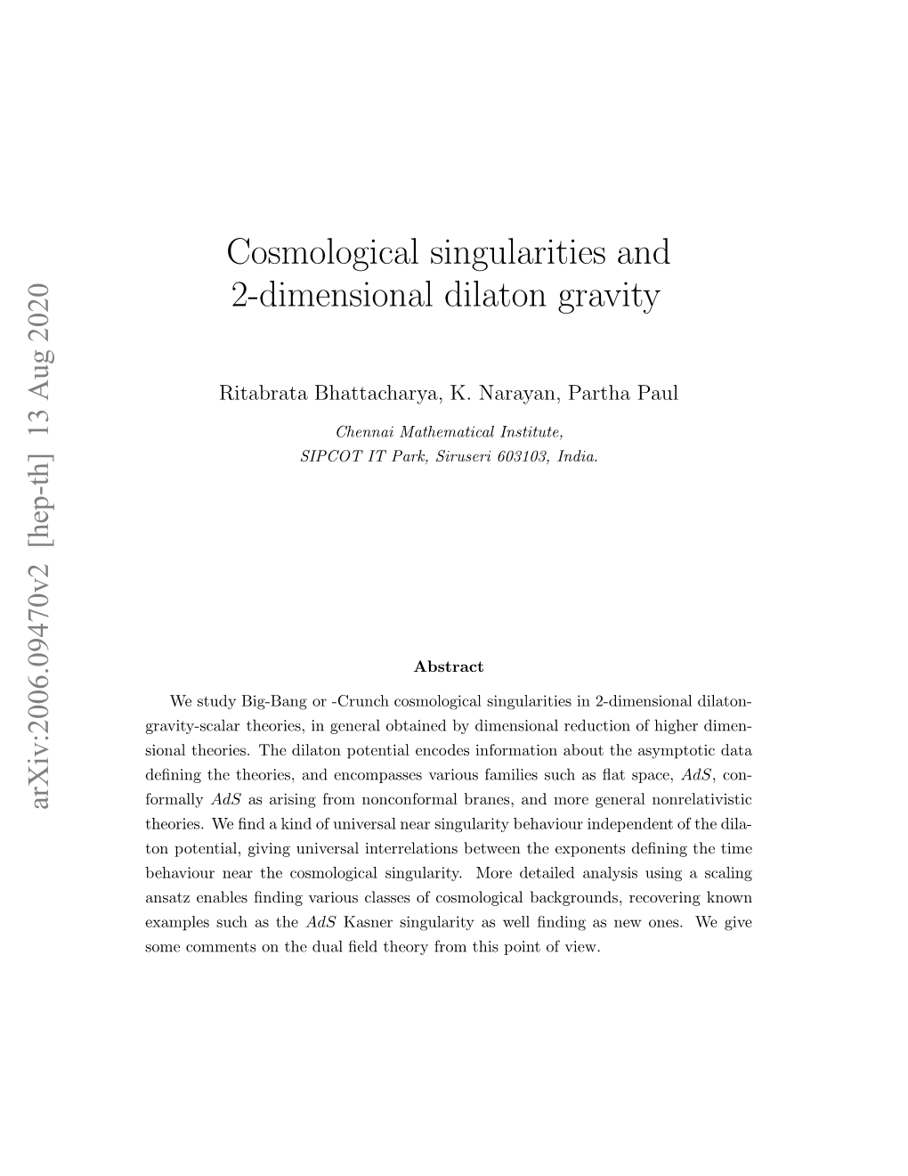 Cosmological Singularities and 2-Dimensional Dilaton Gravity