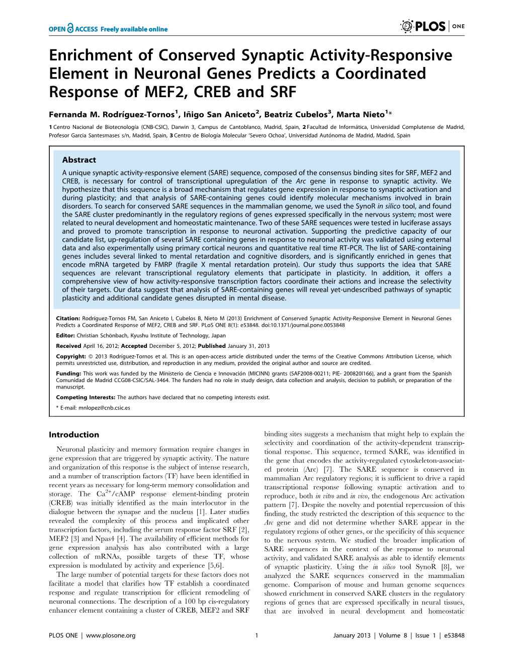 Enrichment of Conserved Synaptic Activity-Responsive Element in Neuronal Genes Predicts a Coordinated Response of MEF2, CREB and SRF