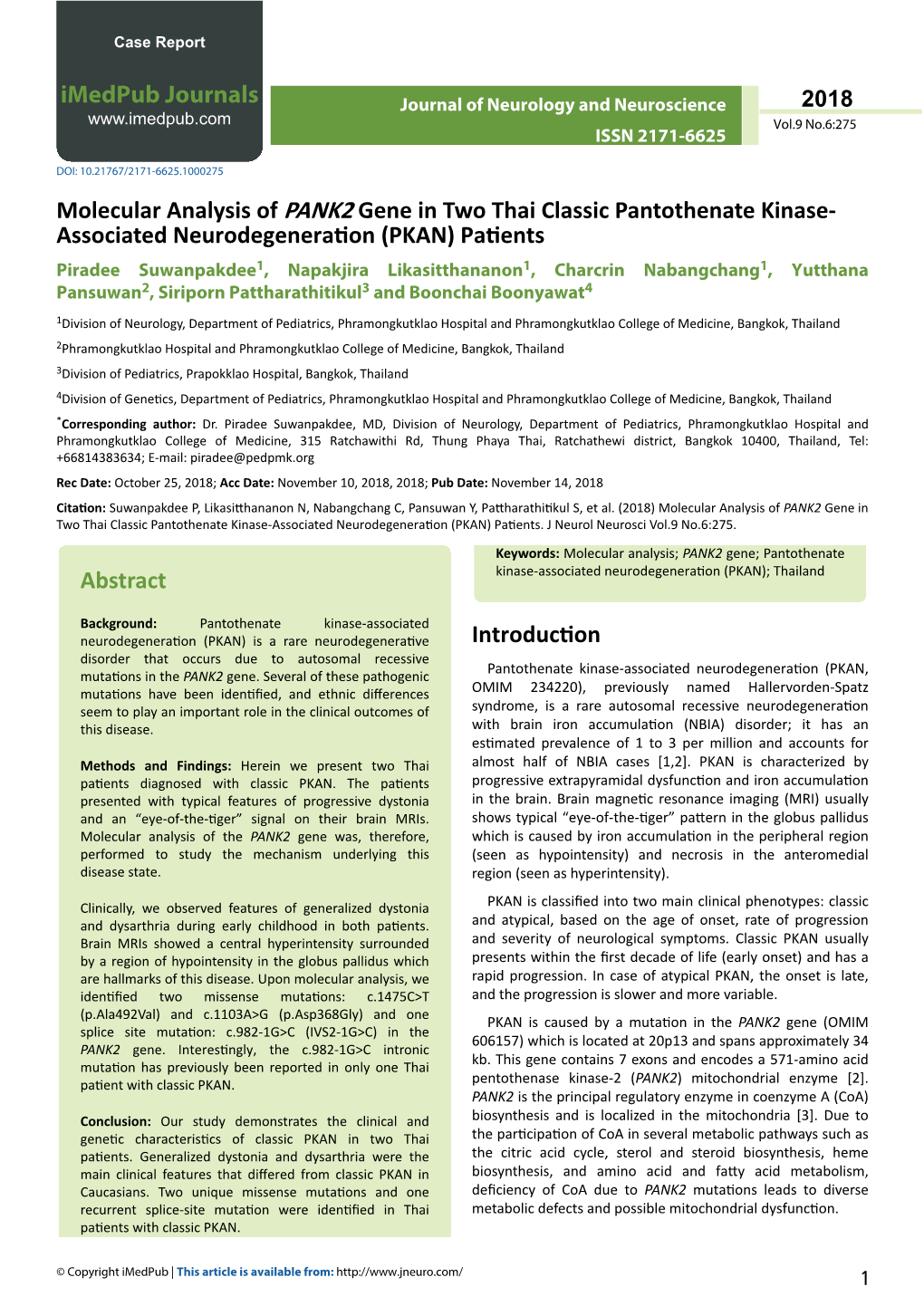 Molecular Analysis of PANK2 Gene in Two Thai Classic Pantothenate