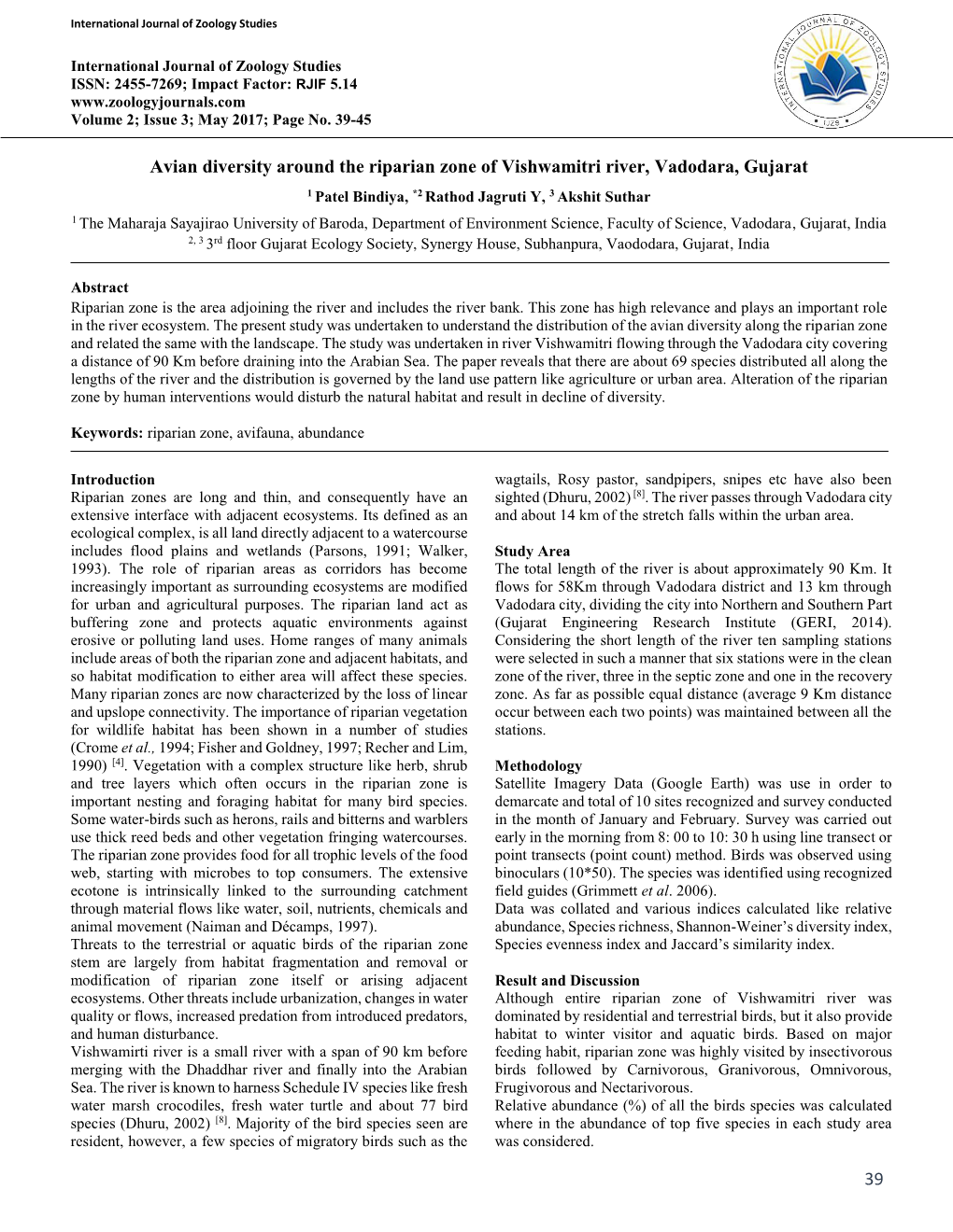 39 Avian Diversity Around the Riparian Zone of Vishwamitri River, Vadodara, Gujarat