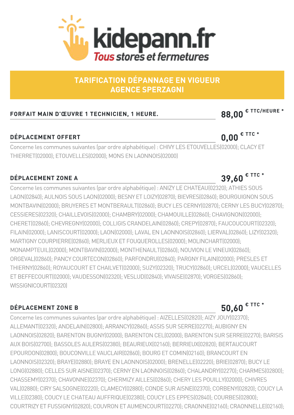 Tarification Dépannage En Vigueur Agence Sperzagni