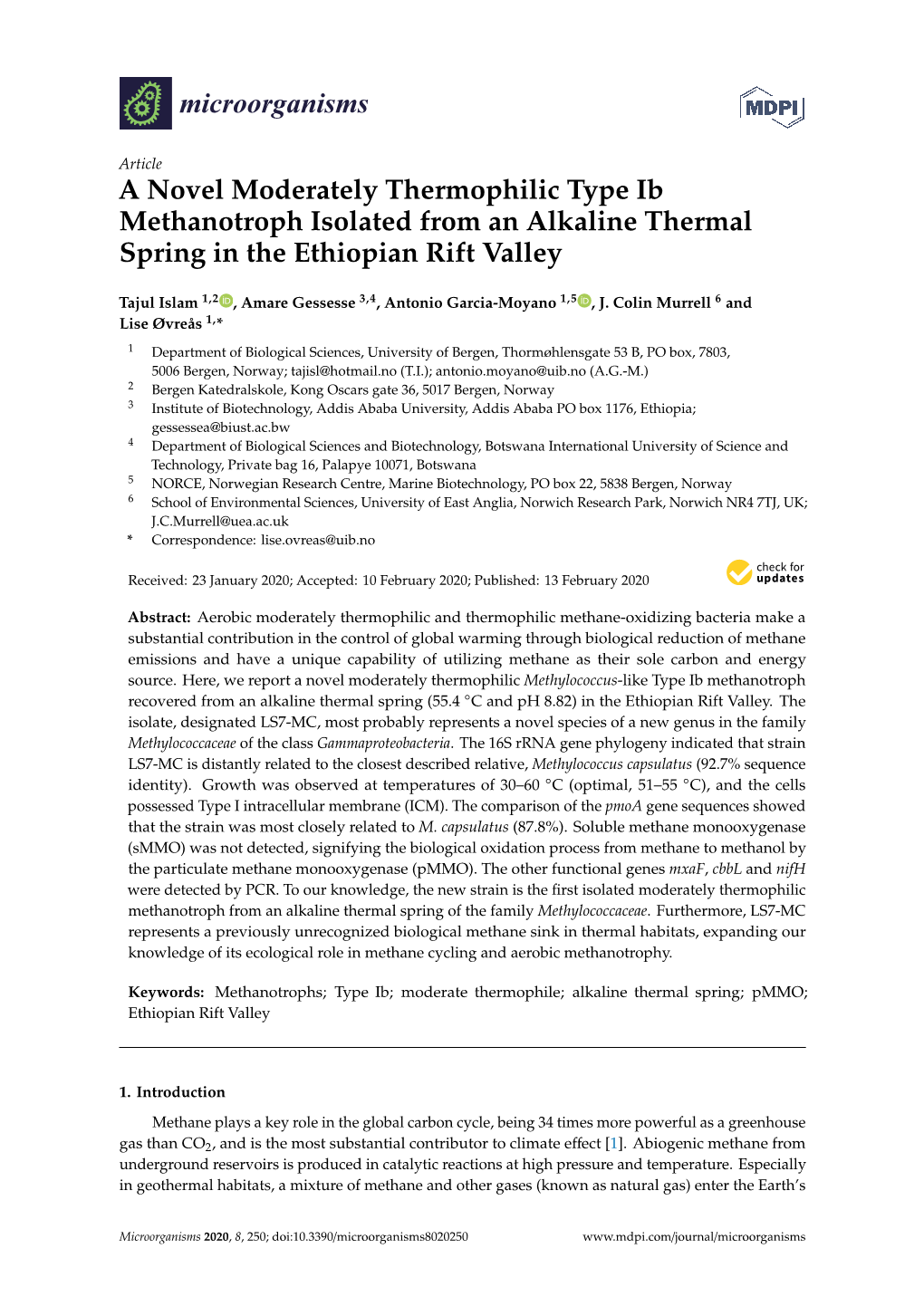 A Novel Moderately Thermophilic Type Ib Methanotroph Isolated from an Alkaline Thermal Spring in the Ethiopian Rift Valley