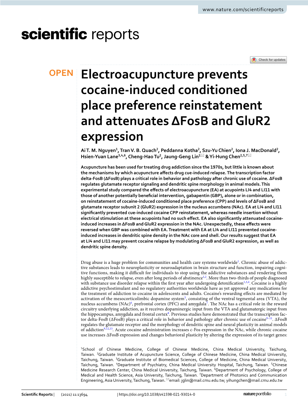 Electroacupuncture Prevents Cocaine-Induced Conditioned Place