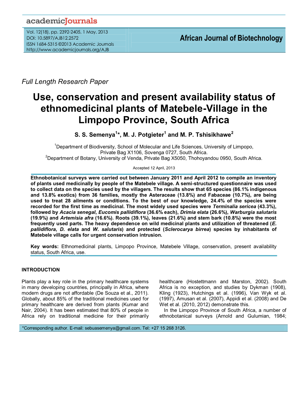 Use, Conservation and Present Availability Status of Ethnomedicinal Plants of Matebele-Village in the Limpopo Province, South Africa