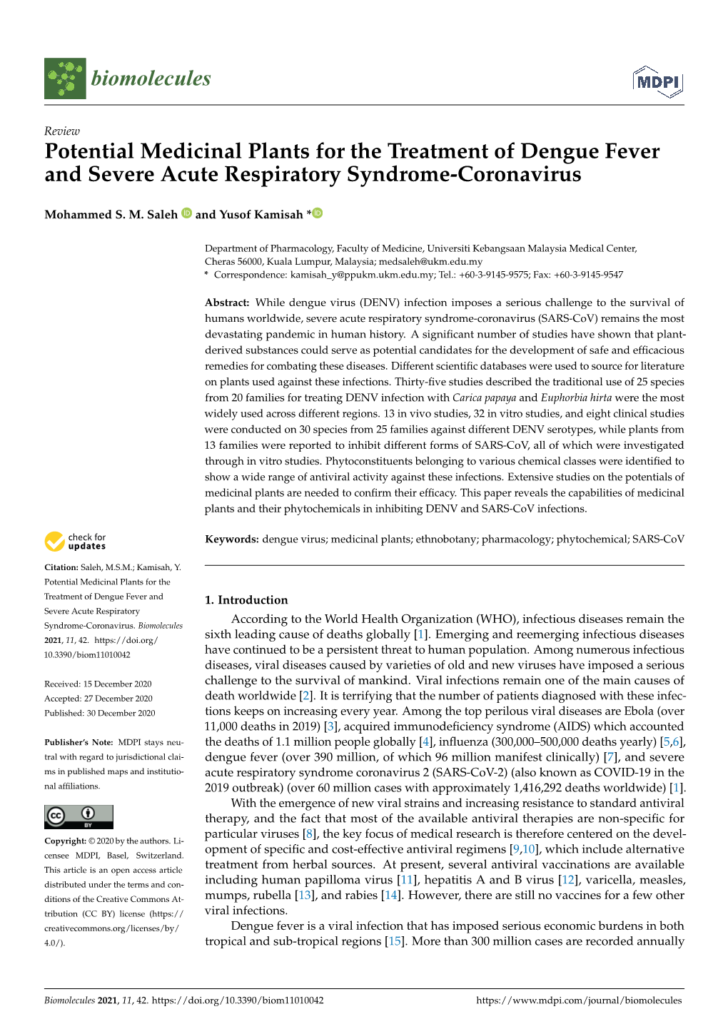 Potential Medicinal Plants for the Treatment of Dengue Fever and Severe Acute Respiratory Syndrome-Coronavirus