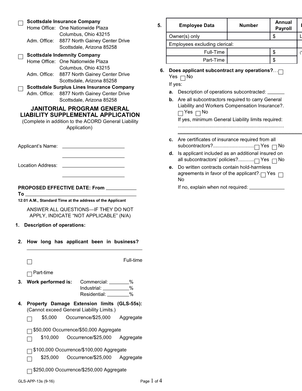 Janitorial Program General Liability Supplemental Application