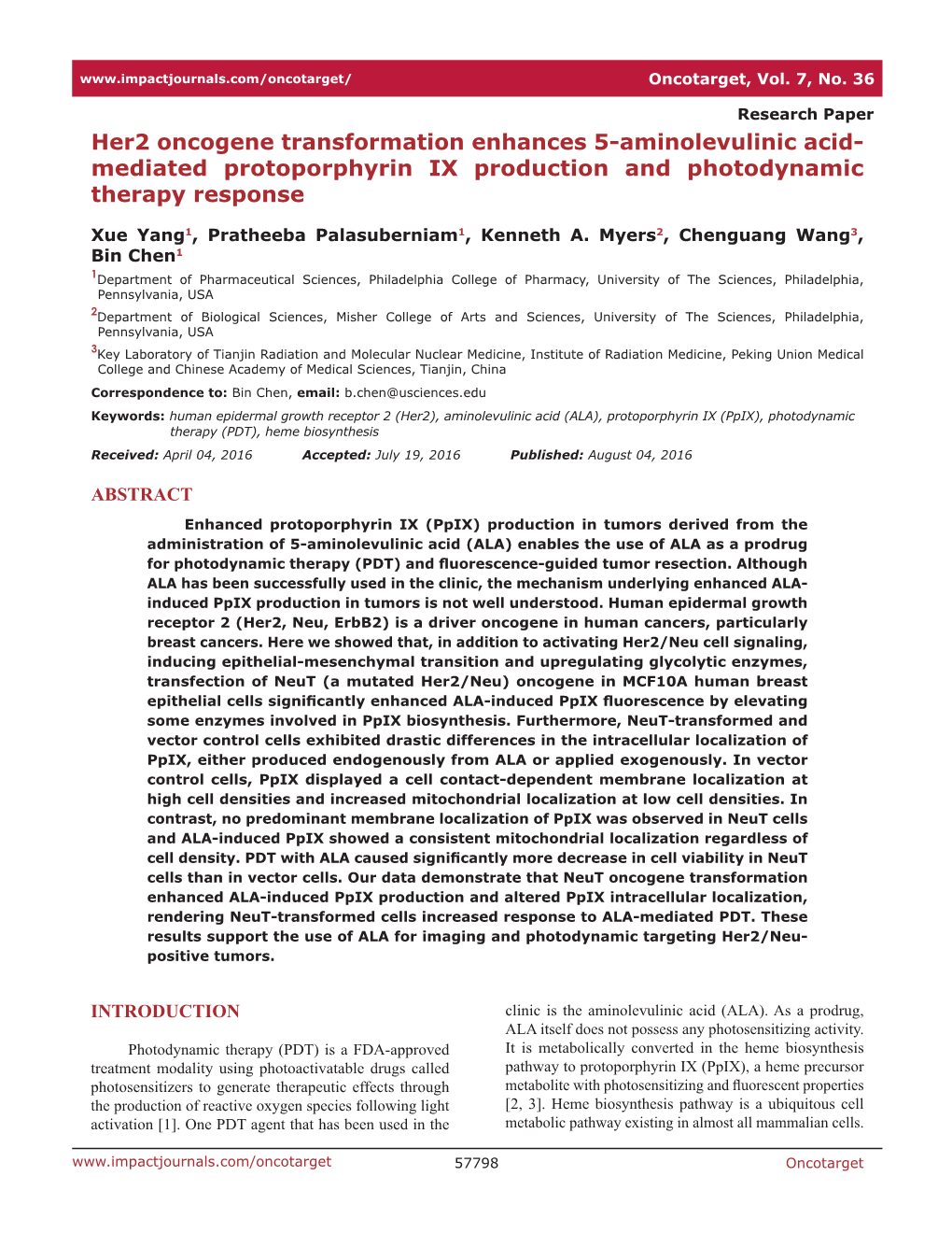 Her2 Oncogene Transformation Enhances 5-Aminolevulinic Acid- Mediated Protoporphyrin IX Production and Photodynamic Therapy Response