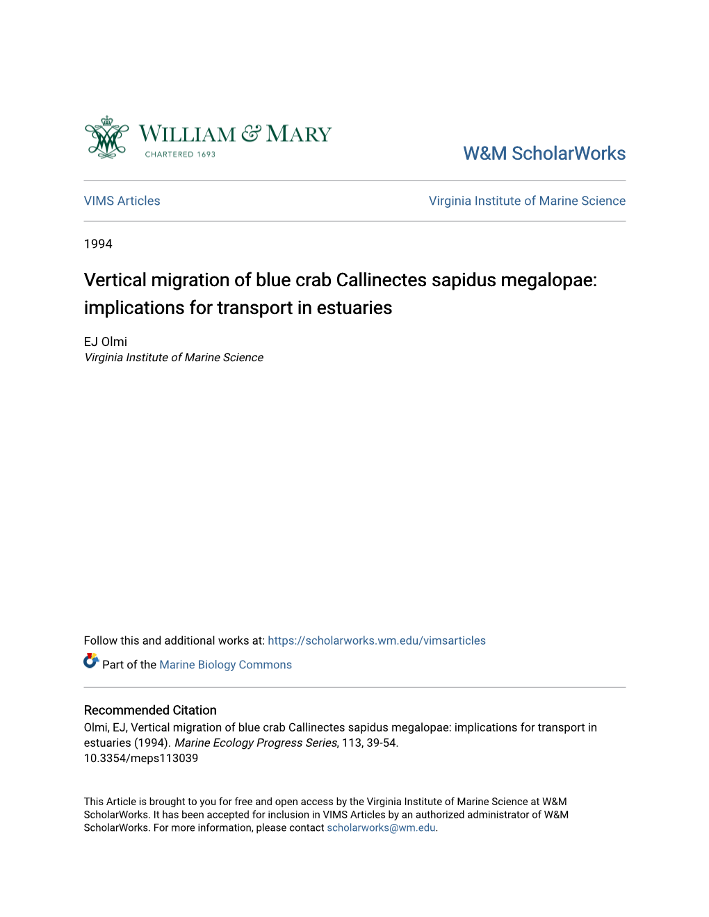 Vertical Migration of Blue Crab Callinectes Sapidus Megalopae: Implications for Transport in Estuaries