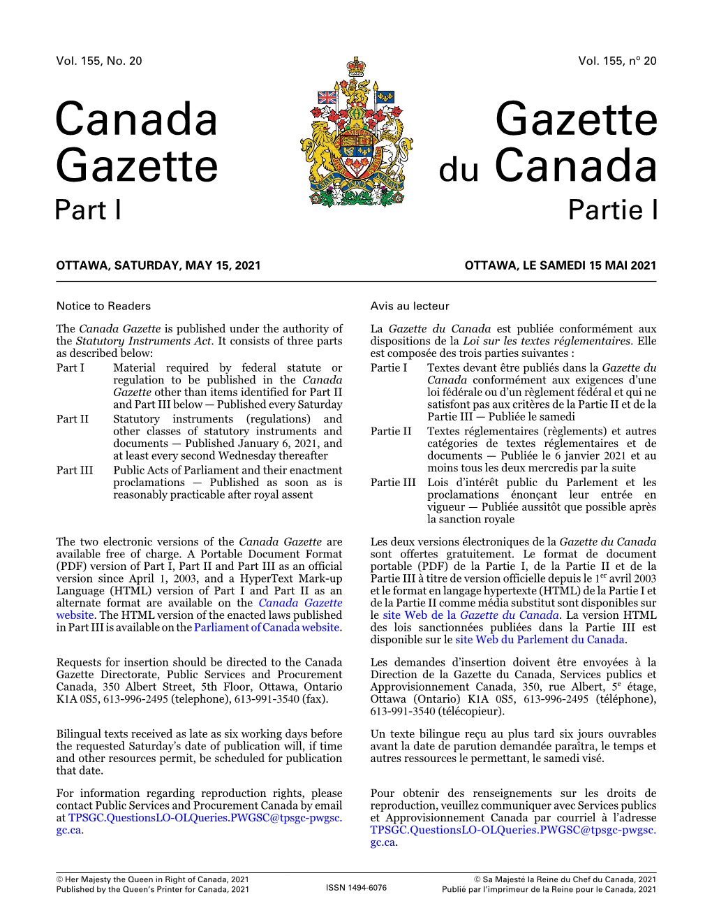 Canada Gazette, Part I, Is Années 2020 Et 2021, Publié Dans La Partie I De La Gazette Amended As Set out in Schedule 1