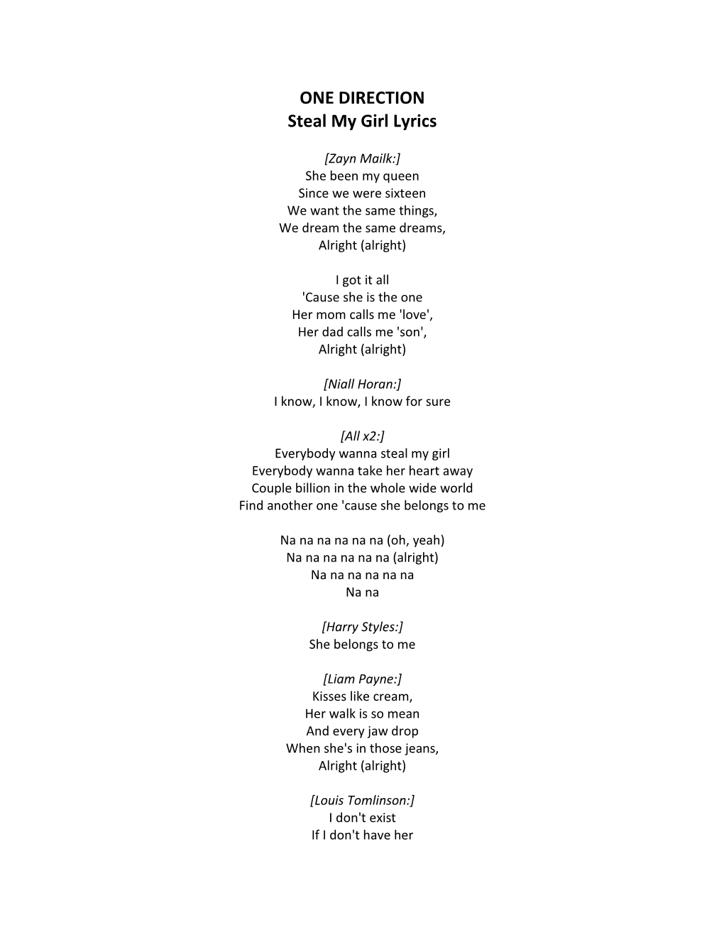 ONE DIRECTION Steal My Girl Lyrics