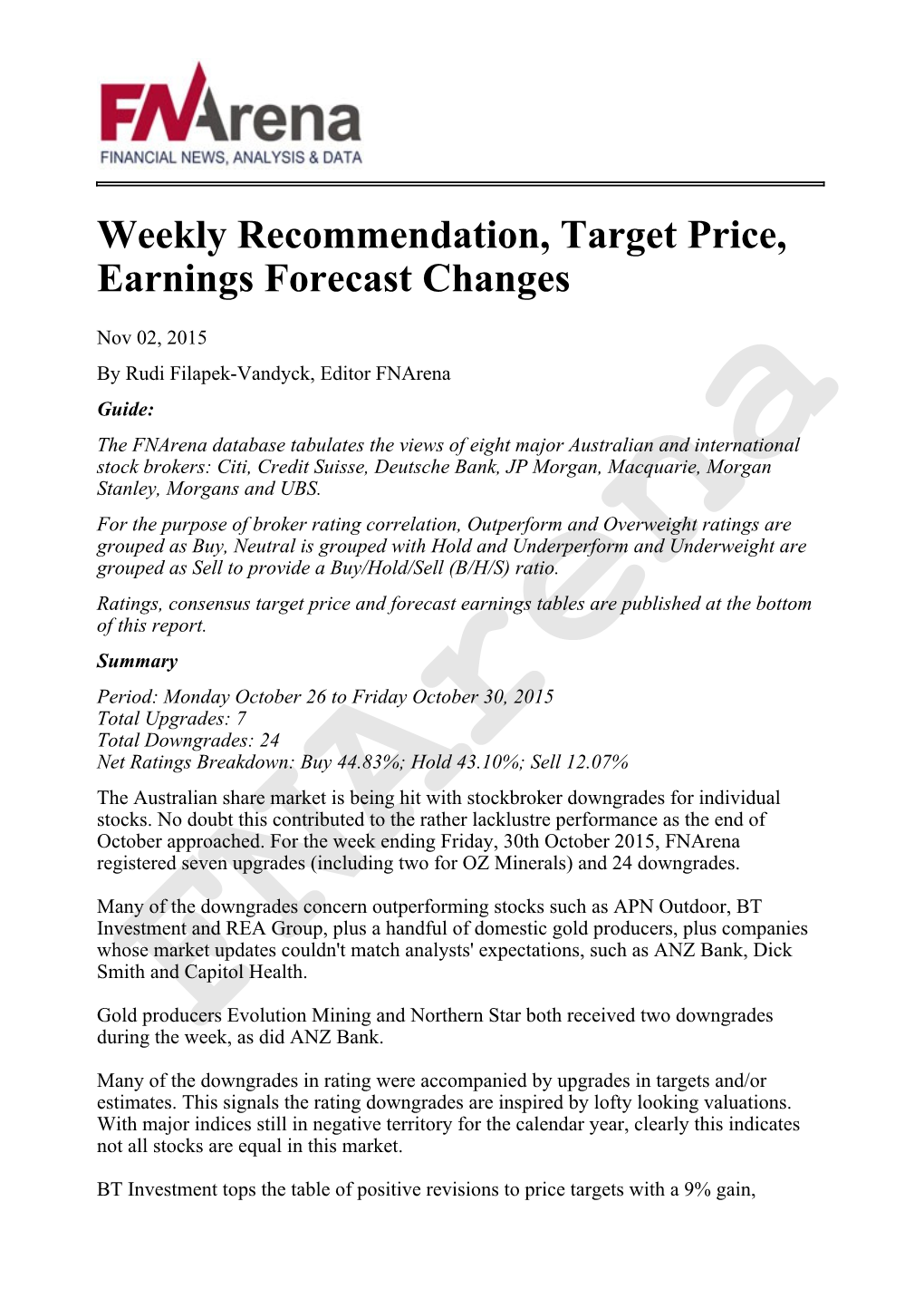 Weekly Recommendation, Target Price, Earnings Forecast Changes