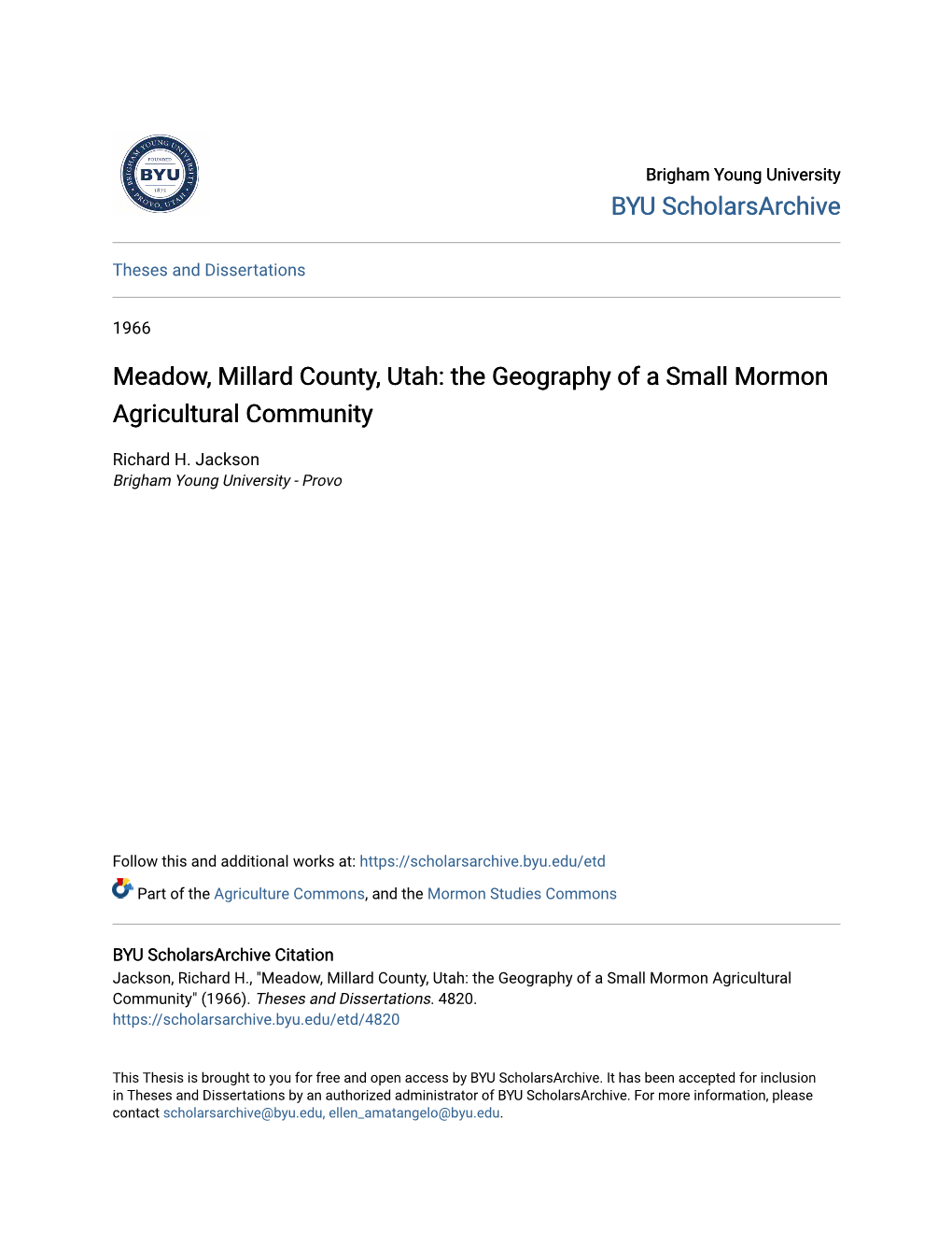 Meadow, Millard County, Utah: the Geography of a Small Mormon Agricultural Community