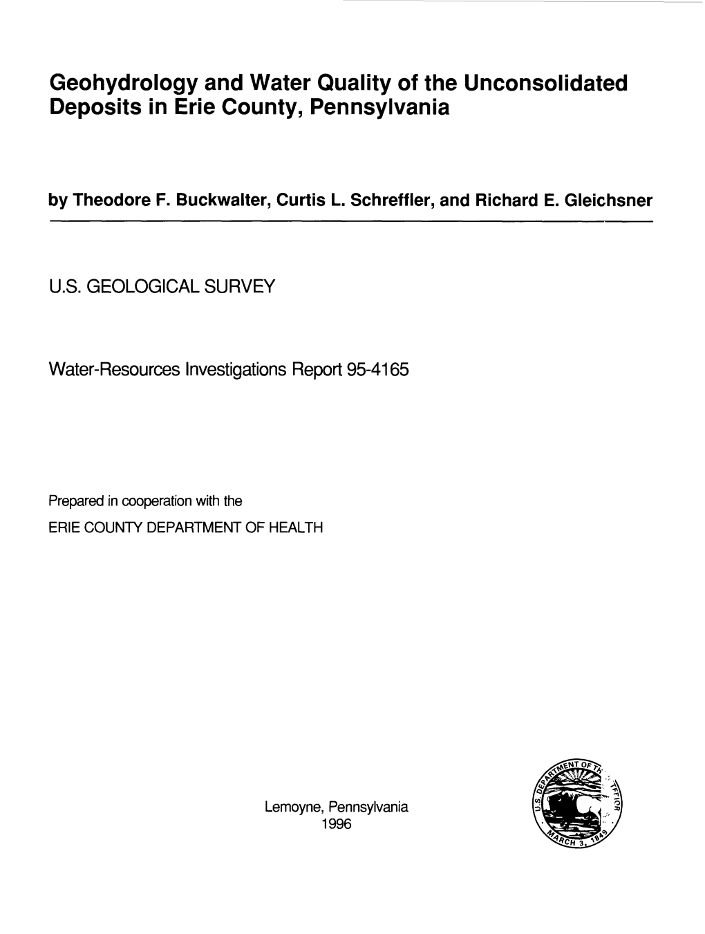 Geohydrology and Water Quality of the Unconsolidated Deposits in Erie County, Pennsylvania