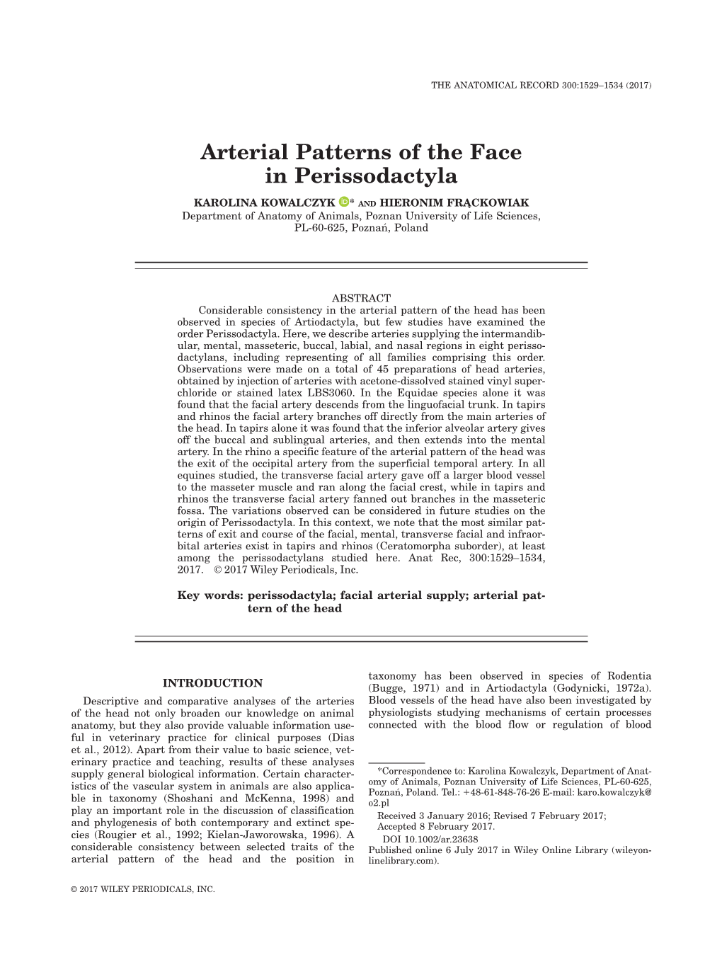 Arterial Patterns of the Face in Perissodactyla