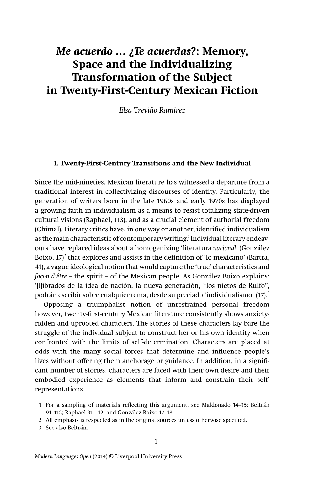 Memory, Space and the Individualizing Transformation of the Subject in Twenty-First-Century Mexican Fiction