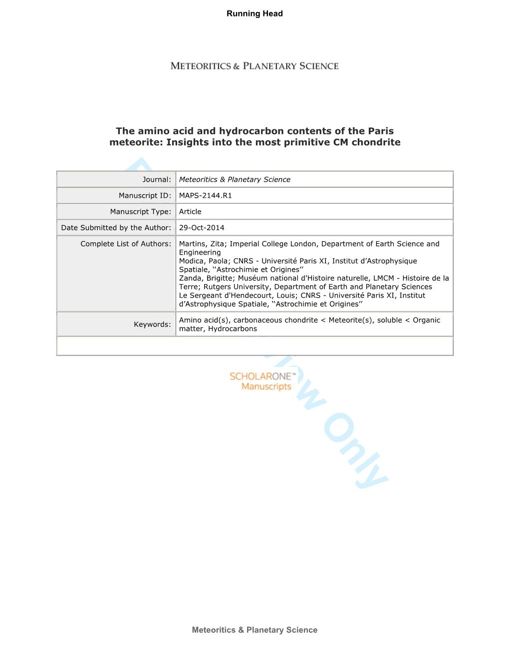 For Peer Review Only Journal: Meteoritics & Planetary Science