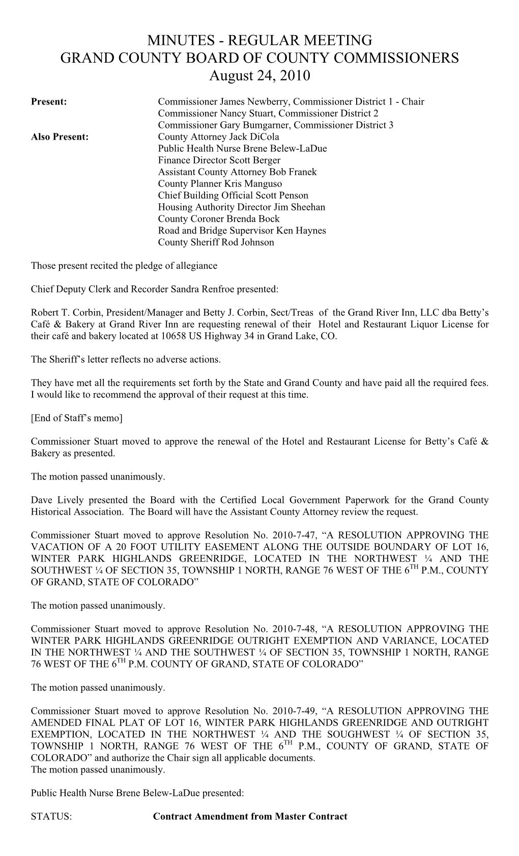 MINUTES - REGULAR MEETING GRAND COUNTY BOARD of COUNTY COMMISSIONERS August 24, 2010