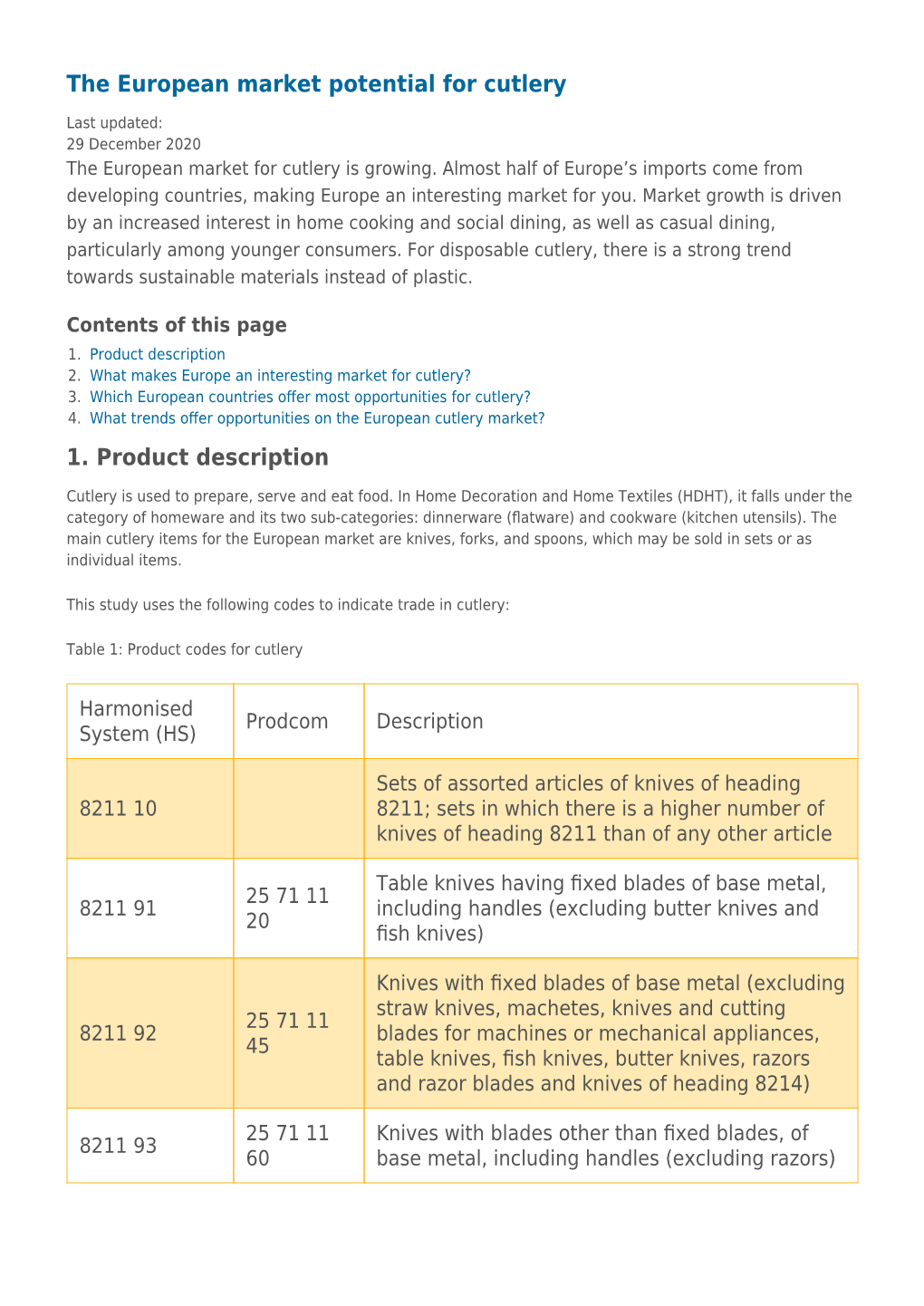 The European Market Potential for Cutlery 1. Product Description