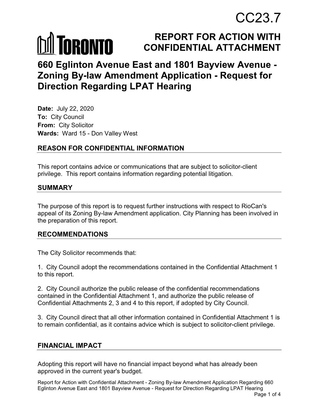660 Eglinton Avenue East and 1801 Bayview Avenue - Zoning By-Law Amendment Application - Request for Direction Regarding LPAT Hearing