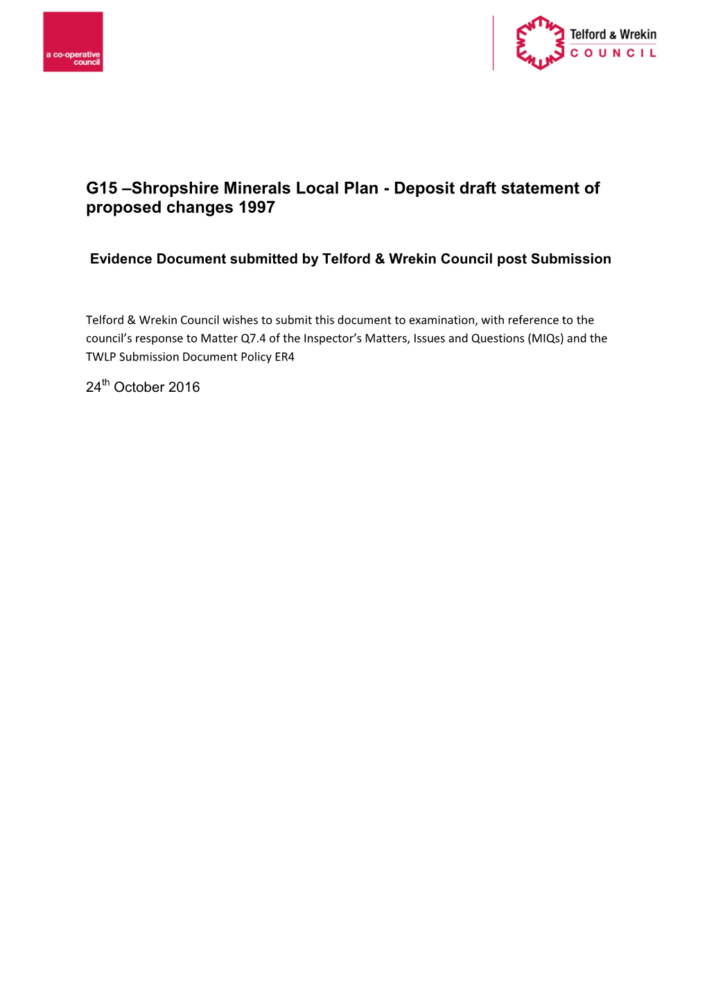 G15 –Shropshire Minerals Local Plan - Deposit Draft Statement of Proposed Changes 1997