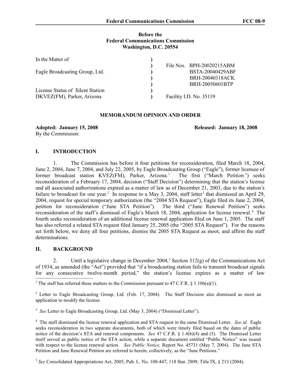 Federal Communications Commission FCC 08-9