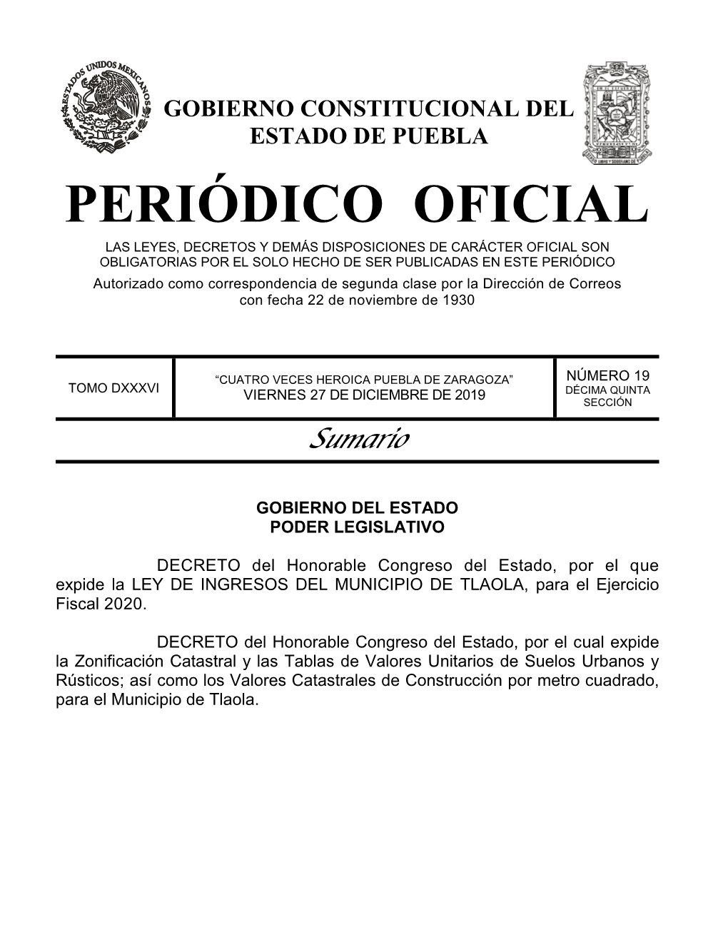 LEY DE INGRESOS DEL MUNICIPIO DE TLAOLA, Para El Ejercicio Fiscal 2020