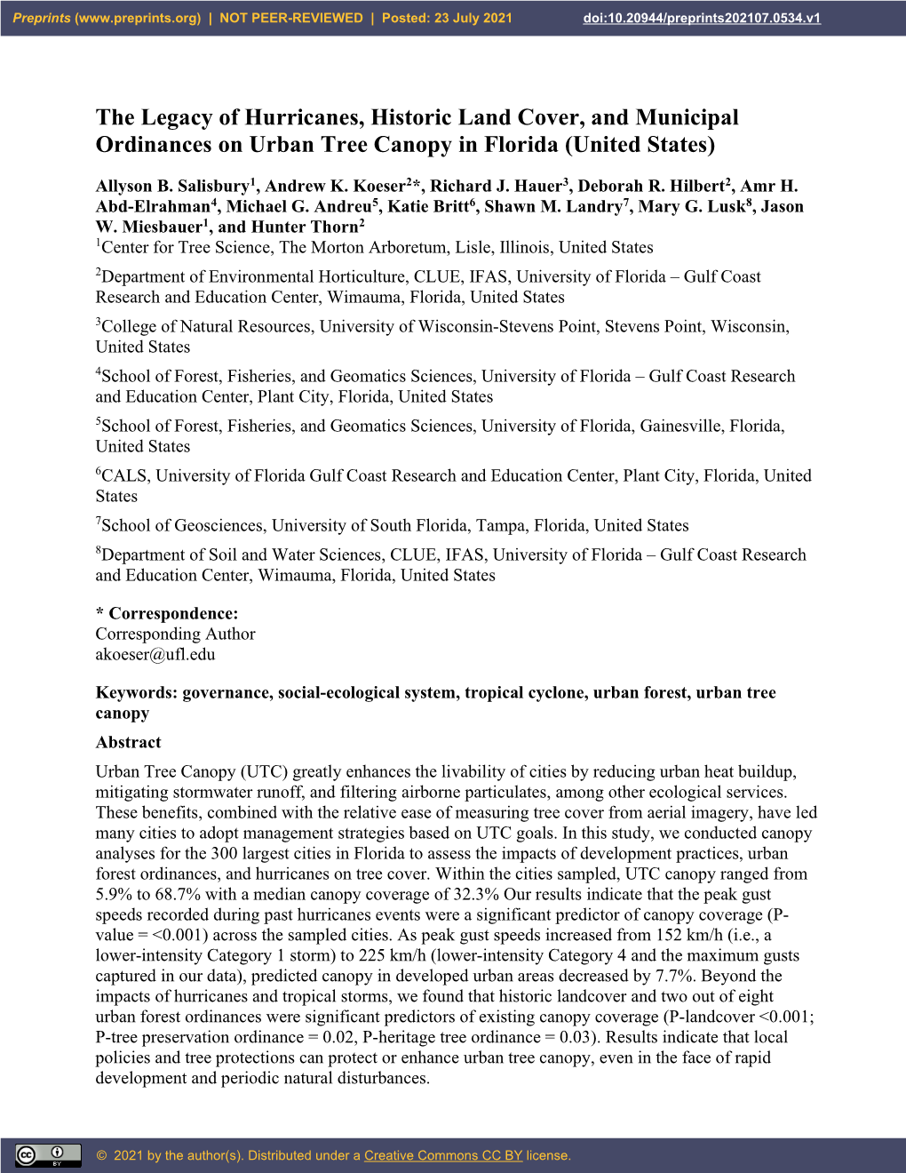 The Legacy of Hurricanes, Historic Land Cover, and Municipal Ordinances on Urban Tree Canopy in Florida (United States)