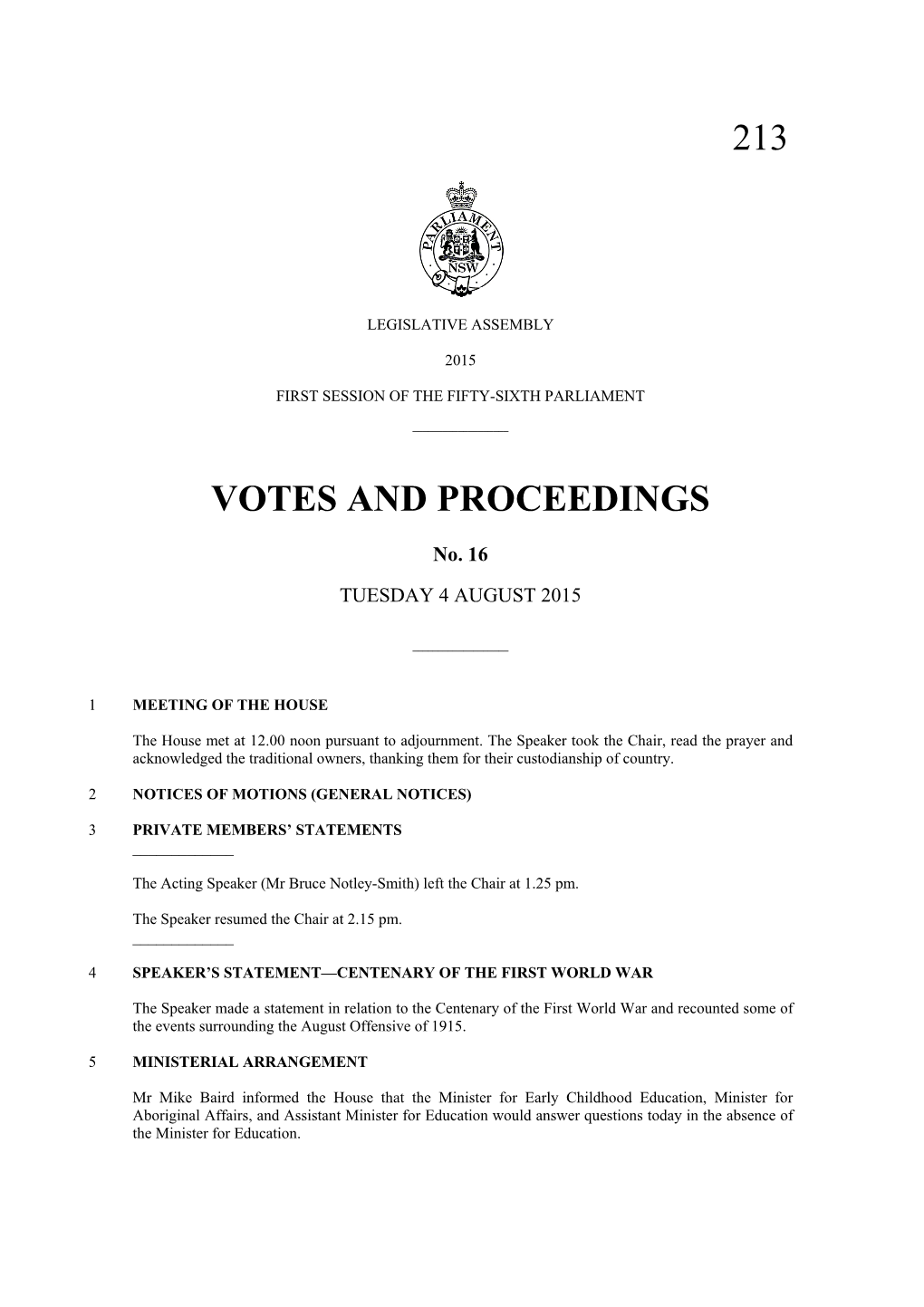 213 Votes and Proceedings