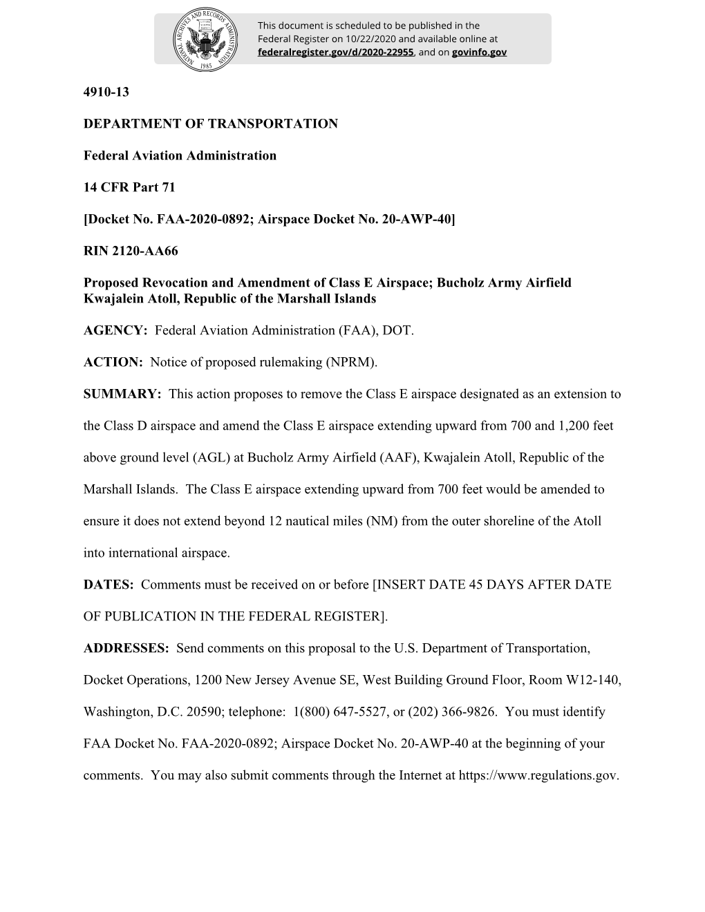 Docket No. FAA-2020-0892; Airspace Docket No