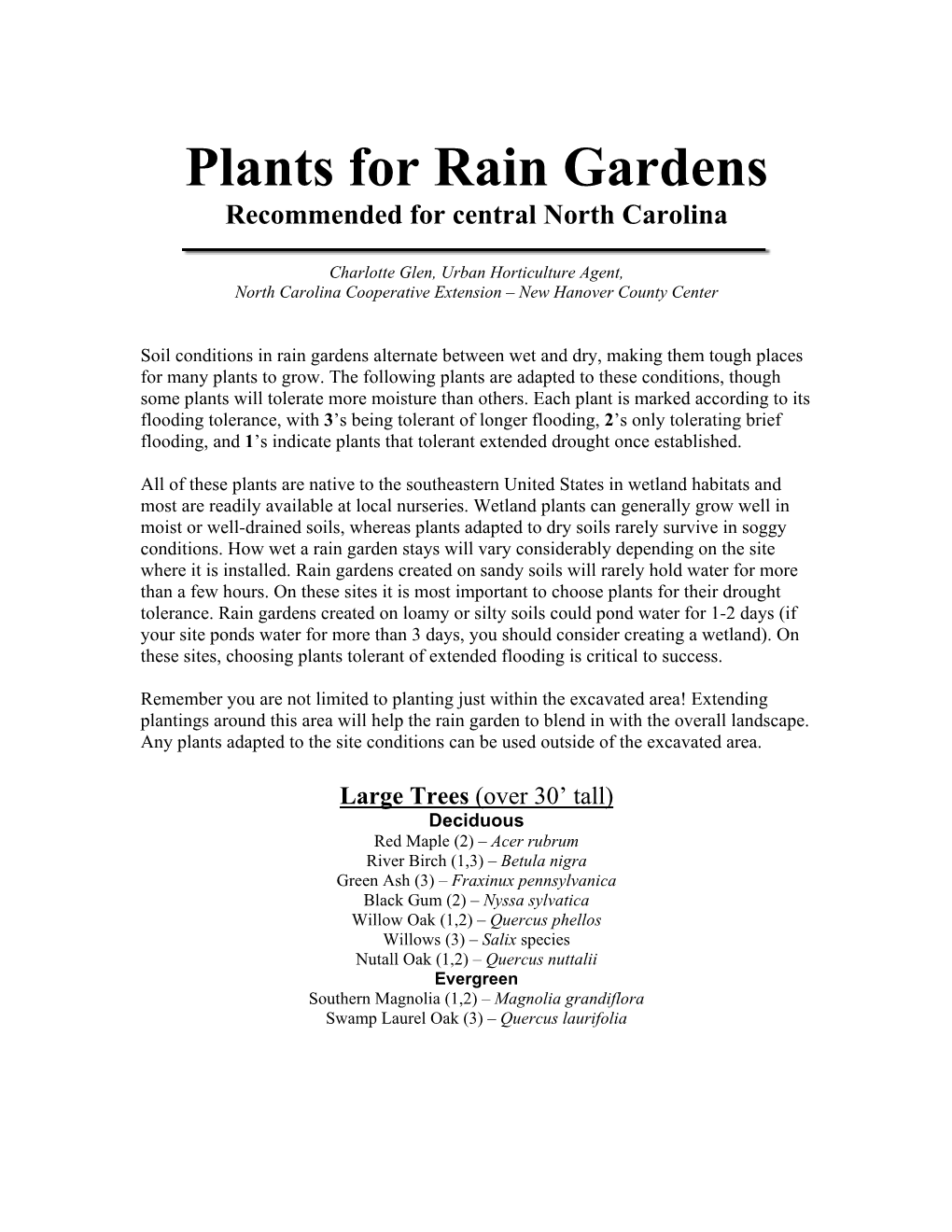 Plants for Rain Gardens Recommended for Central North Carolina