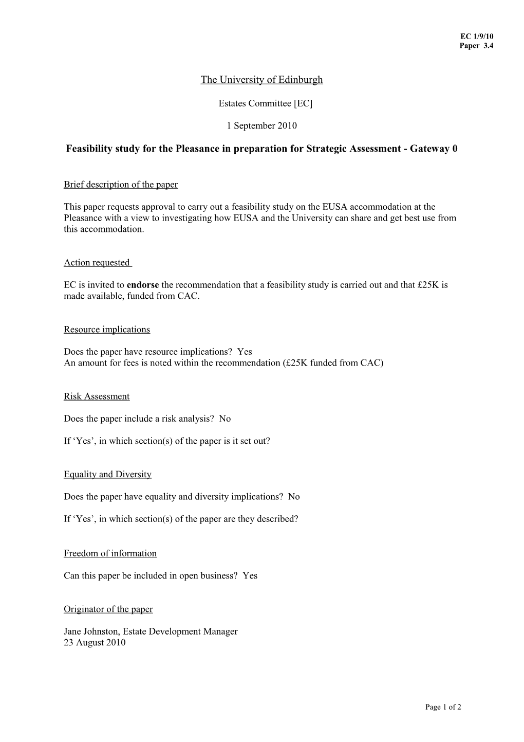 Feasibility Study for the Pleasance in Preparation for Strategic Assessment - Gateway 0