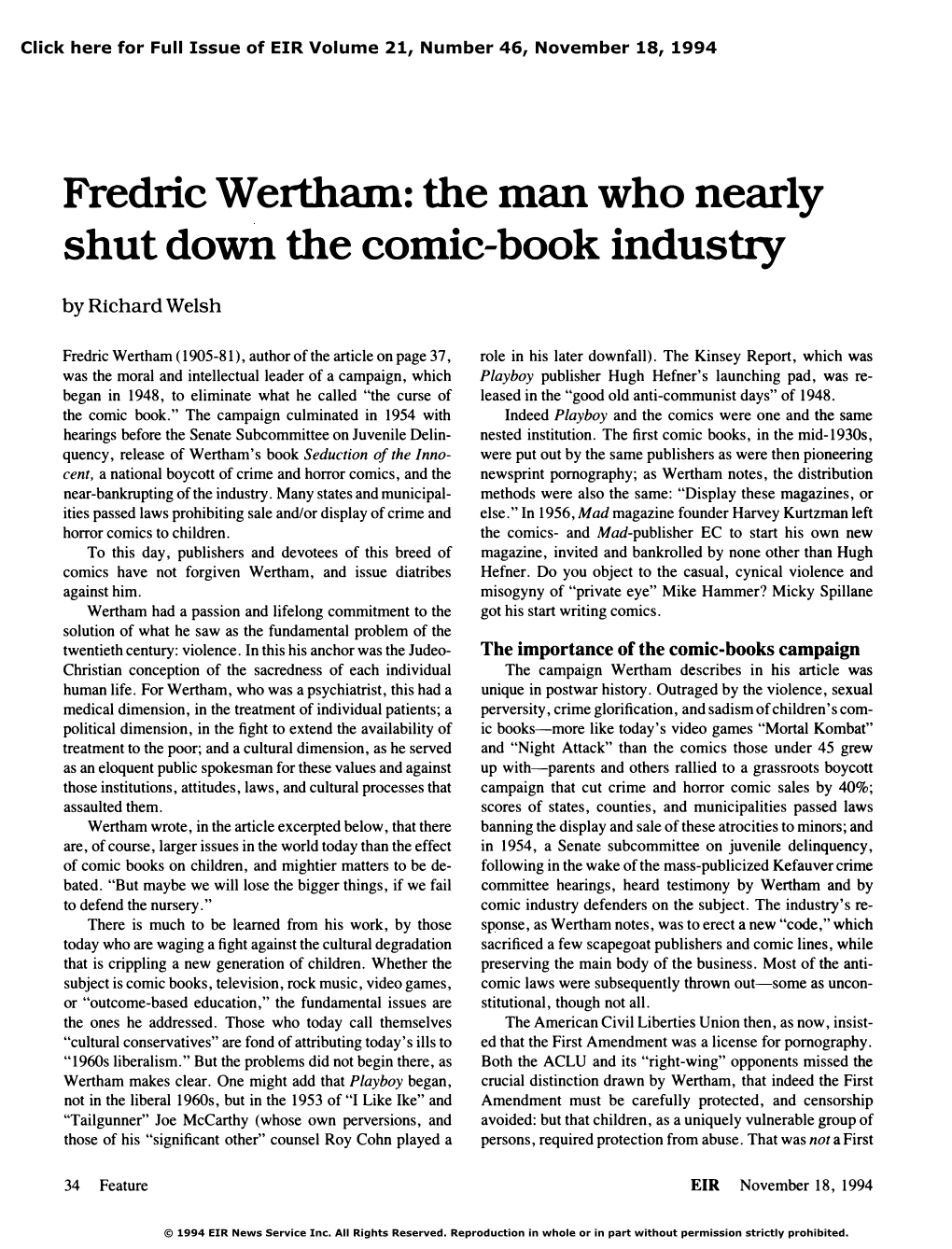 Fredric Wertham: the Man Who Nearly Shut Down the Comic-Book