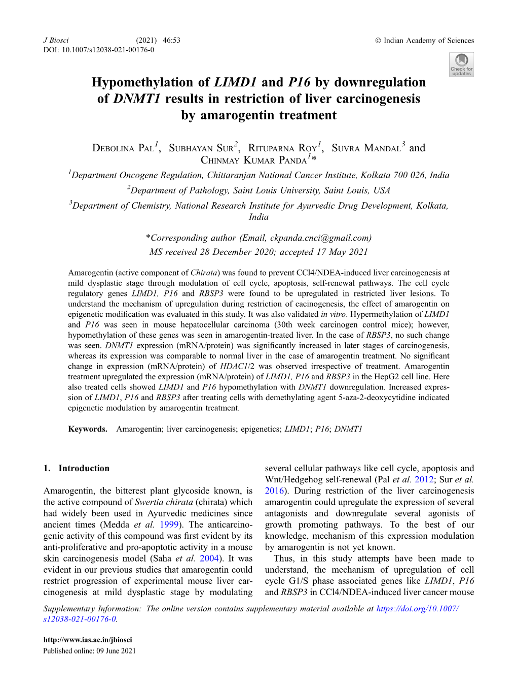 Hypomethylation of LIMD1 and P16 by Downregulation of DNMT1 Results in Restriction of Liver Carcinogenesis by Amarogentin Treatment