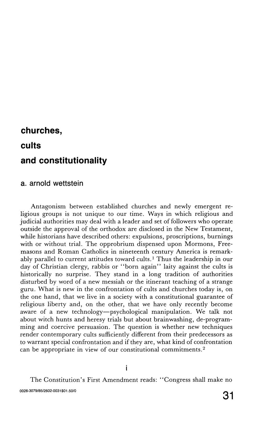 Churches, Cults and Constitutionality A