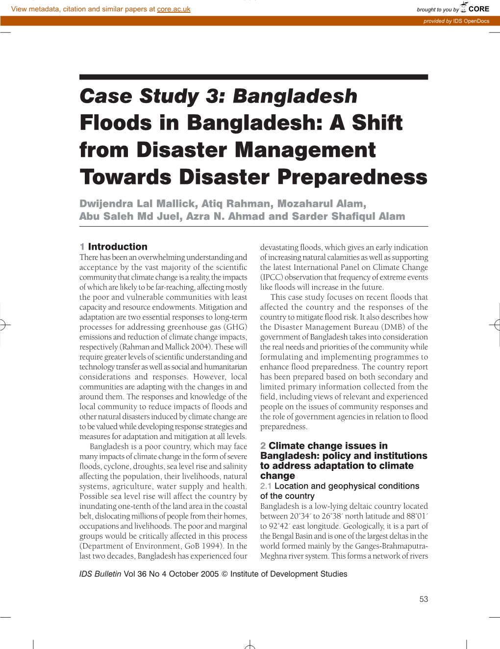 Bangladesh Floods in Bangladesh: a Shift from Disaster Management to Wards Disaster Preparedness