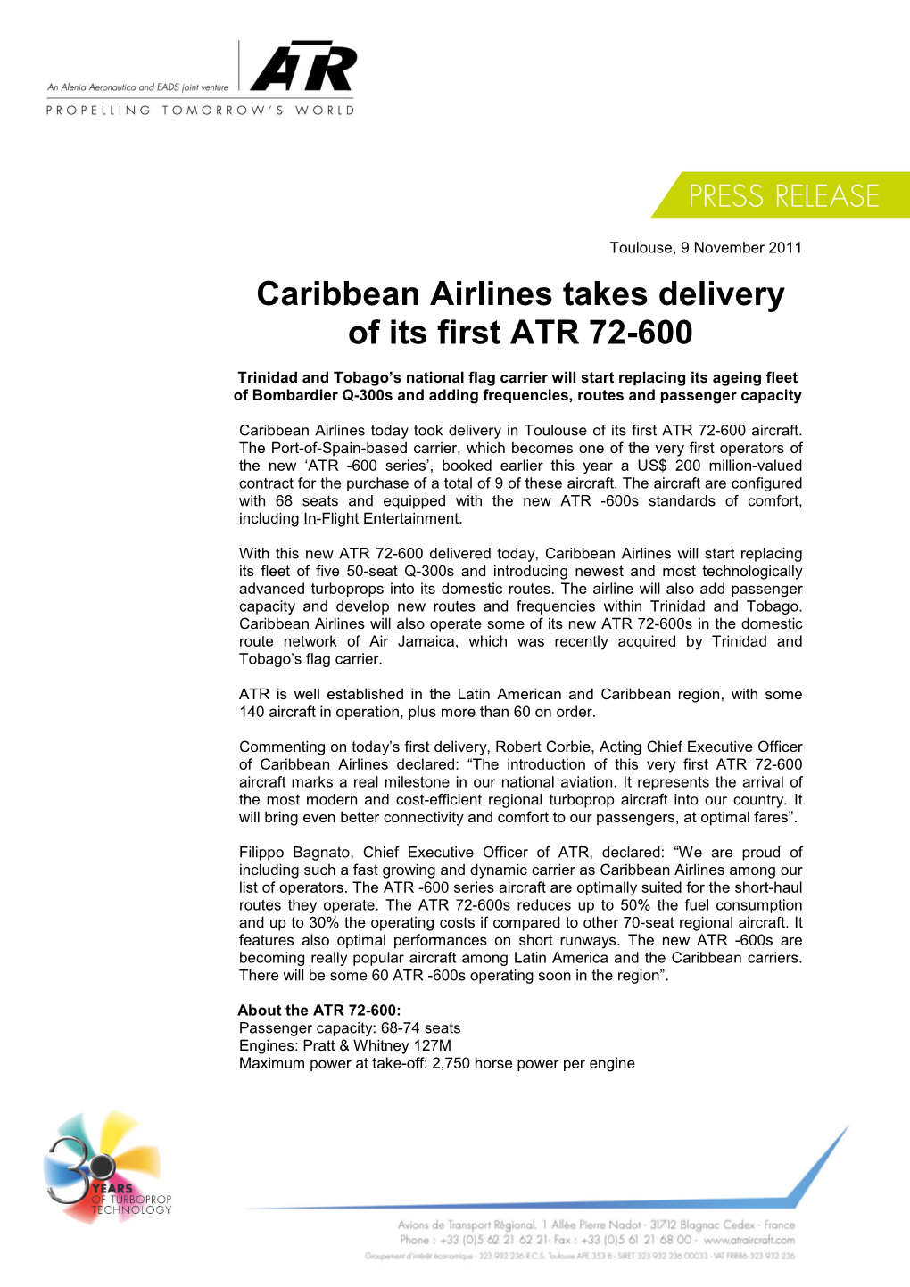 Caribbean Airlines Takes Delivery of Its First ATR 72-600