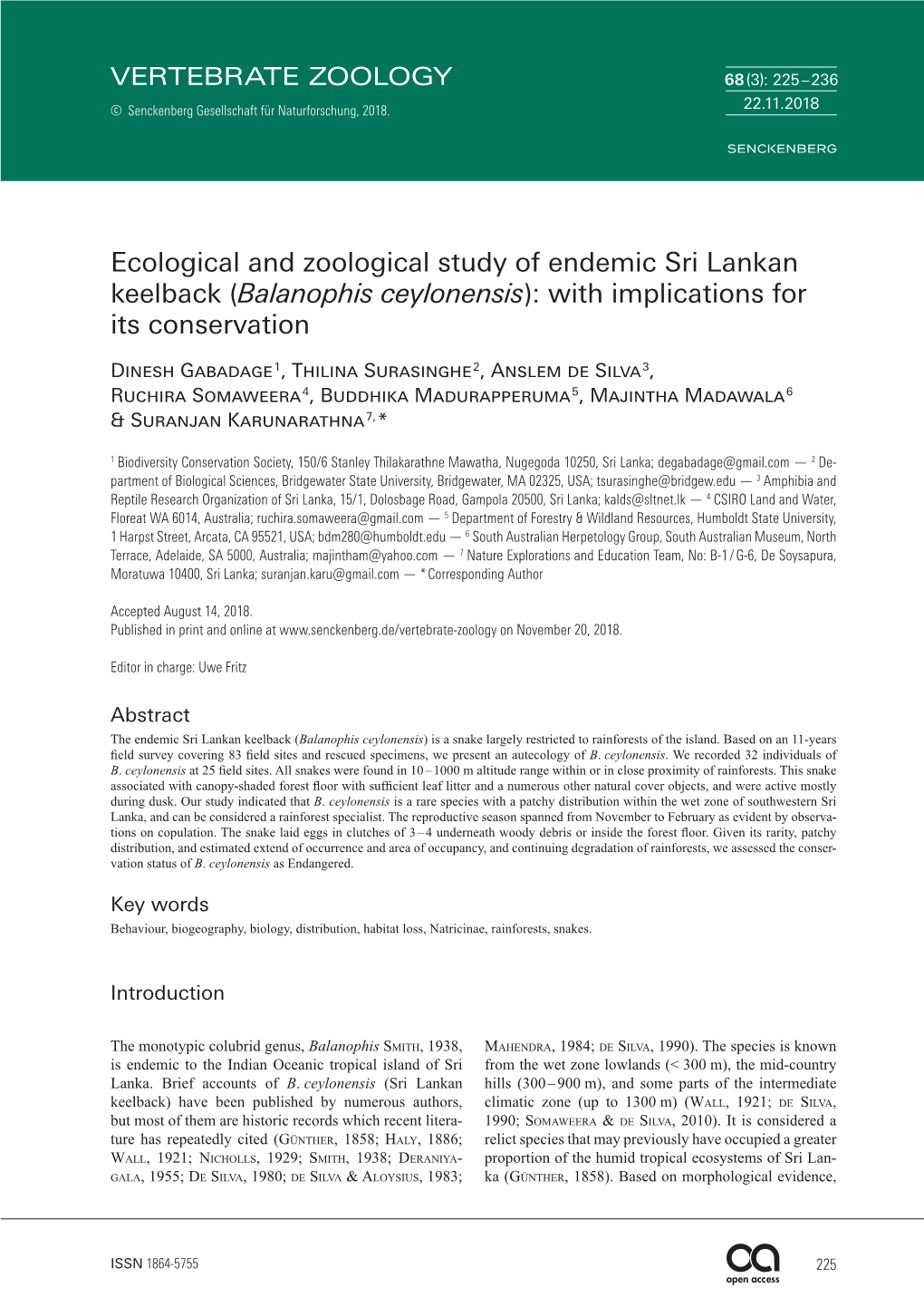 Balanophis Ceylonensis): with Implications for Its Conservation