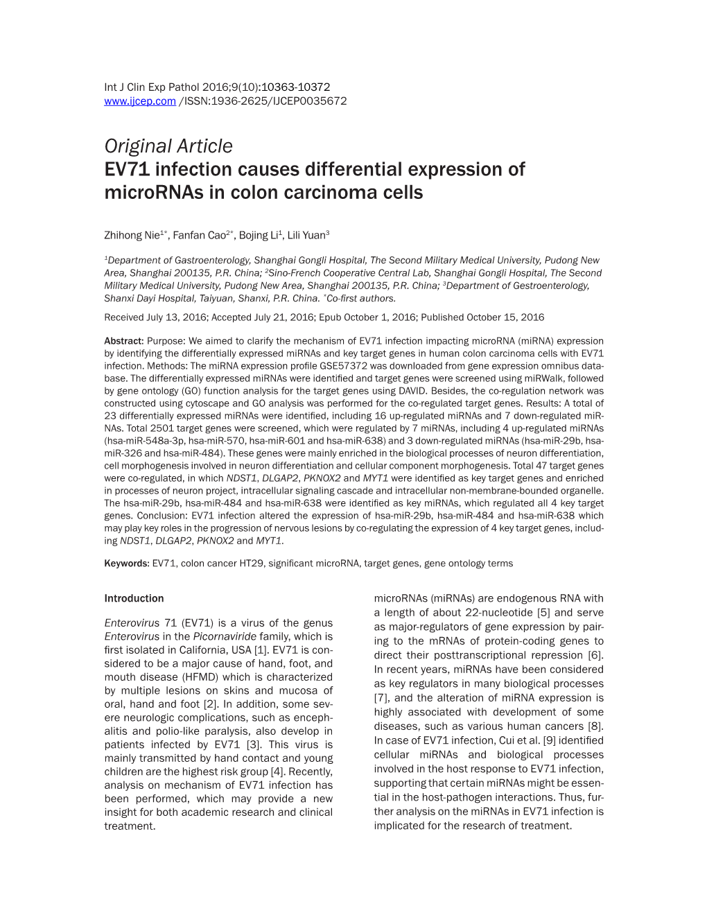 Original Article EV71 Infection Causes Differential Expression of Micrornas in Colon Carcinoma Cells