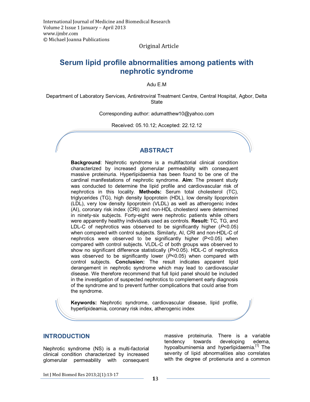 Serum Lipid Profile Abnormalities Among Patients with Nephrotic Syndrome