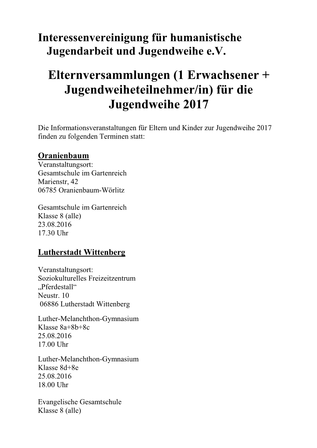 Elternversammlungen (1 Erwachsener + Jugendweiheteilnehmer/In) Für Die Jugendweihe 2017