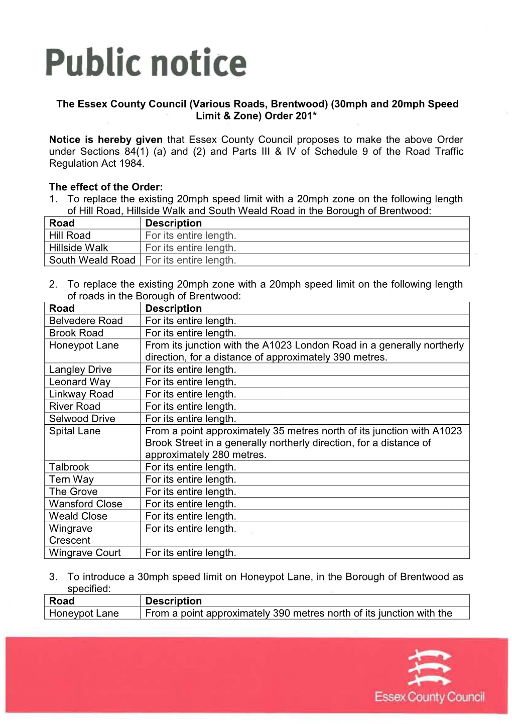 Various Roads, Brentwood) (30Mph and 20Mph Speed Limit & Zone