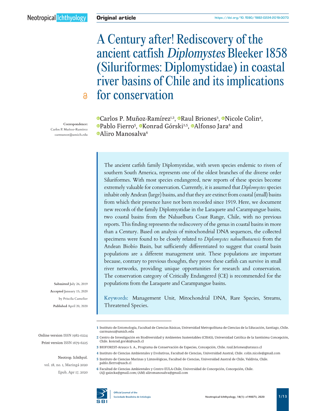 A Century After! Rediscovery of the Ancient Catfish Diplomystes Bleeker 1858 (Siluriformes: Diplomystidae) in Coastal River Basi