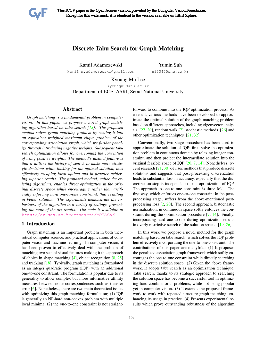 Discrete Tabu Search for Graph Matching