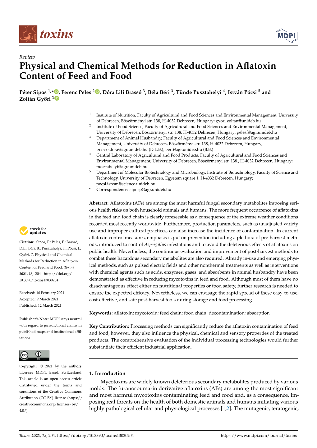 Physical and Chemical Methods for Reduction in Aflatoxin Content Of