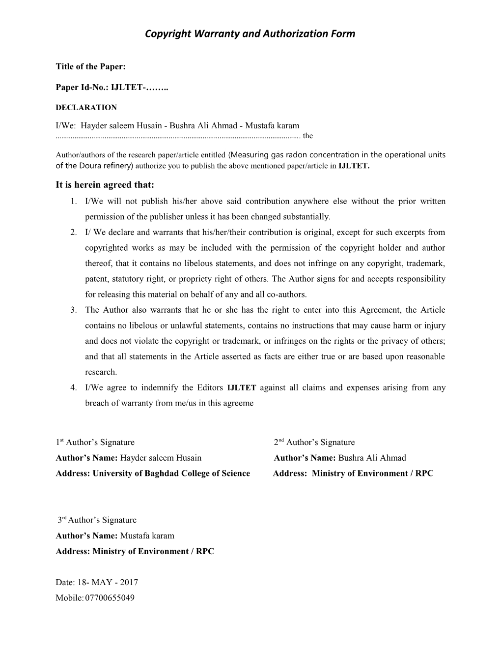 Copyright Warranty and Authorization Form