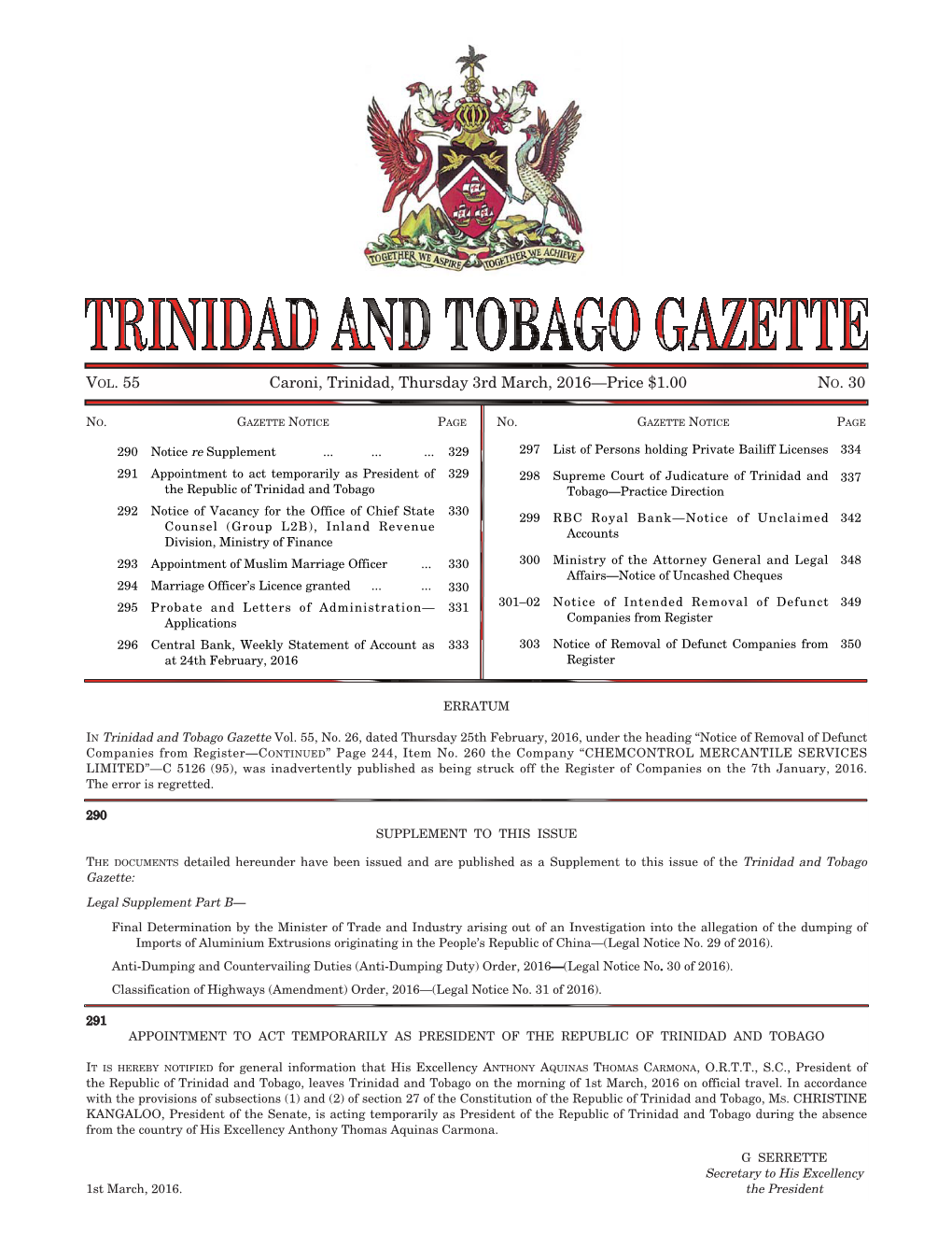 Gazette No. 30, Vol. 55, 3Rd March, 2016